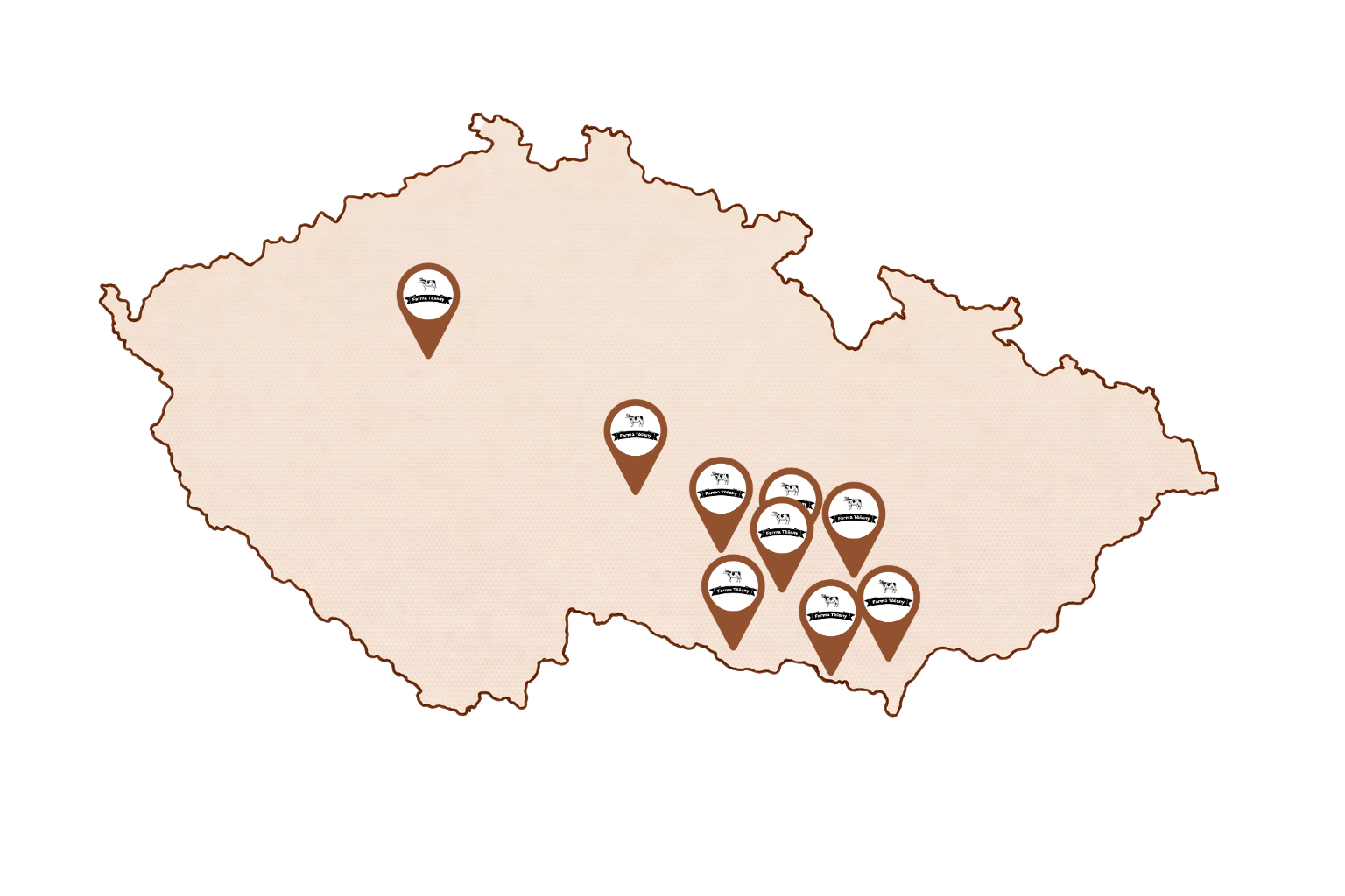 Mapa prodejních míst farmářských produktů z Farmy Těšany